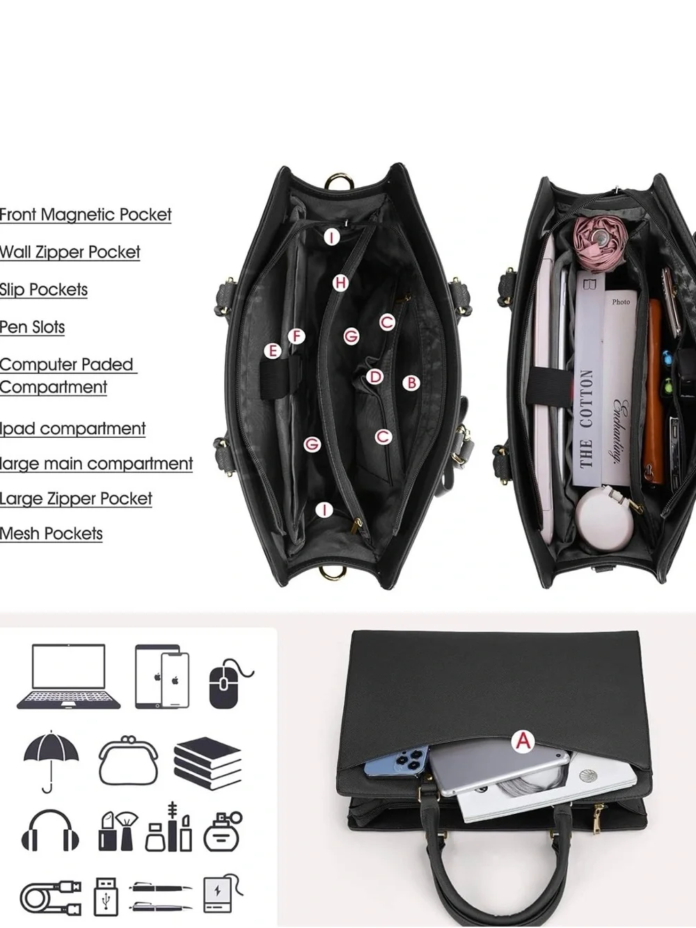 Professional Black Laptop Bag with Exterior Pocket and cute bow